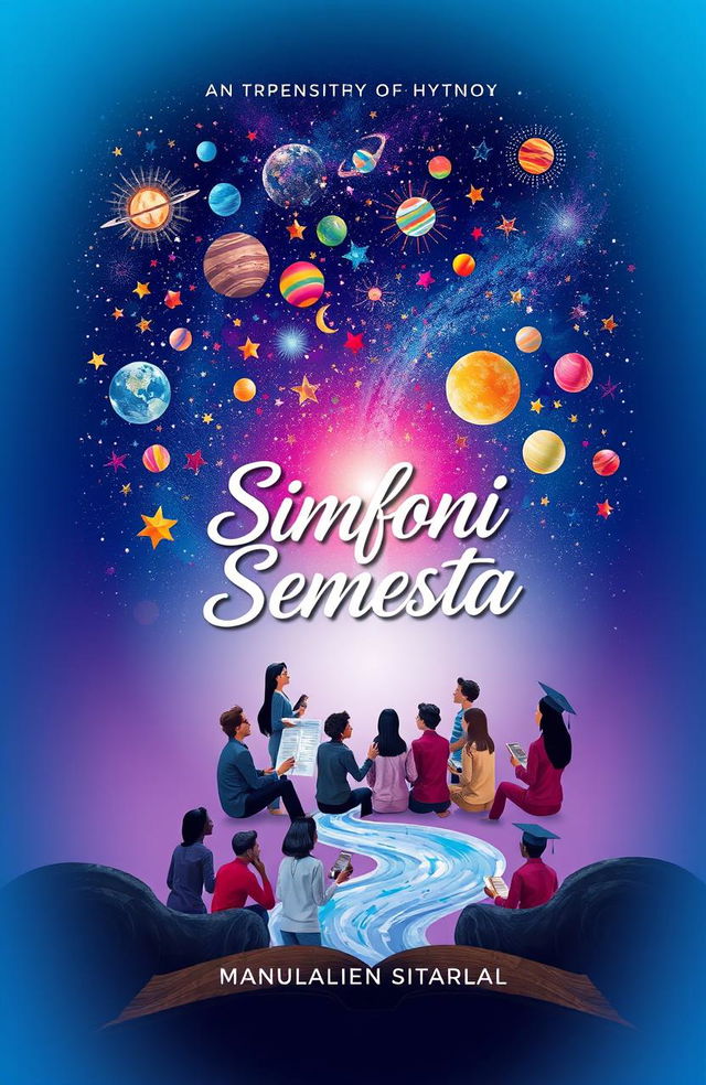 Cover design for 'Simfoni Semesta', an anthology of poetry showcasing themes of life's freedom, education, motivation, and policies