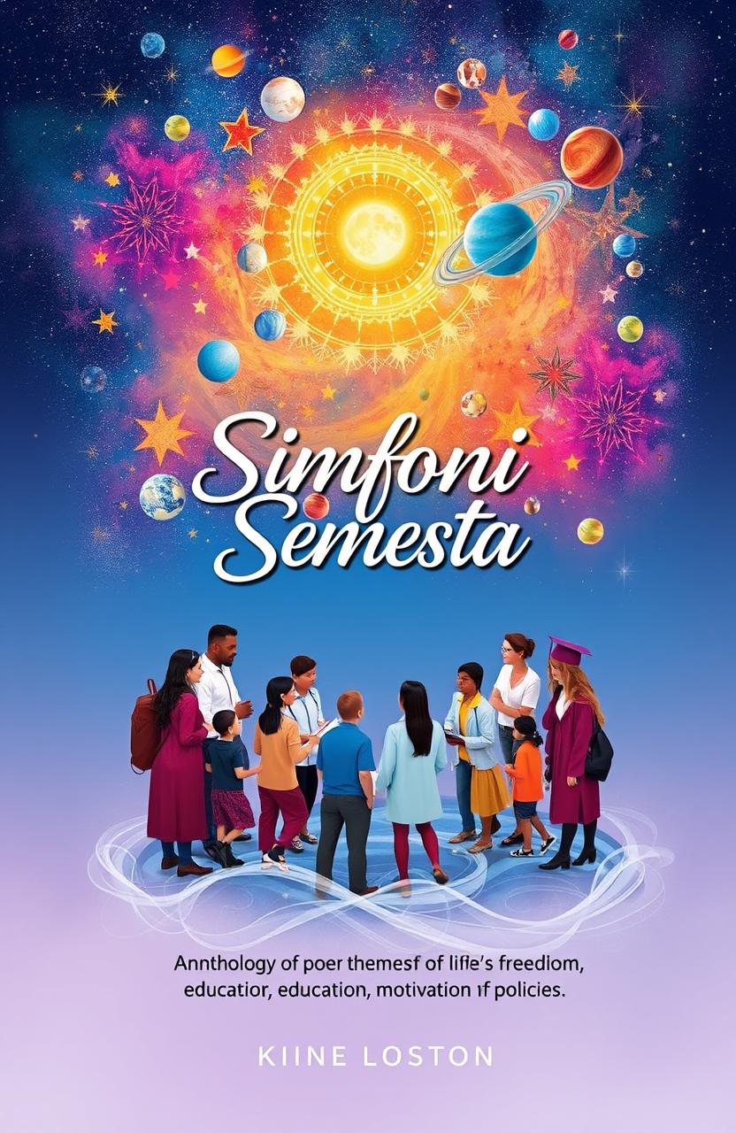 Cover design for 'Simfoni Semesta', an anthology of poetry showcasing themes of life's freedom, education, motivation, and policies