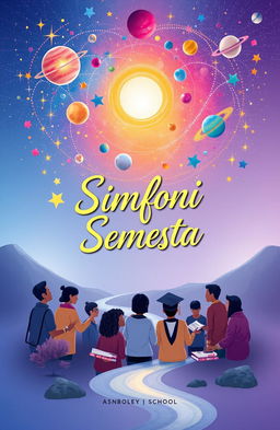Cover design for 'Simfoni Semesta', an anthology of poetry showcasing themes of life's freedom, education, motivation, and policies