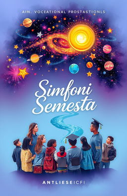 Cover design for 'Simfoni Semesta', an anthology of poetry showcasing themes of life's freedom, education, motivation, and policies