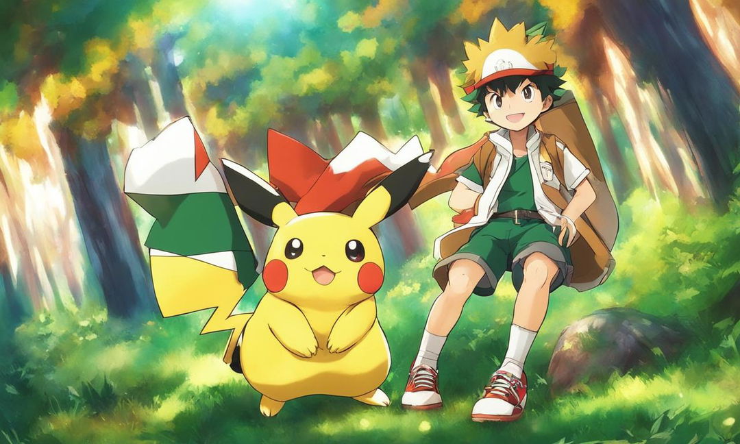 Midoriya Izuku from My Hero Academia as a Pokemon trainer in Viridian Forest with Pikachu.