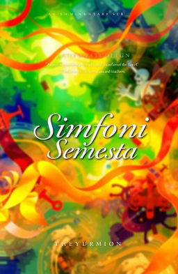 An artistic representation of the cover for an anthology titled 'Simfoni Semesta', featuring a vibrant, abstract background that symbolizes the freedom of life