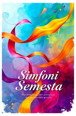 An artistic representation of the cover for an anthology titled 'Simfoni Semesta', featuring a vibrant, abstract background that symbolizes the freedom of life