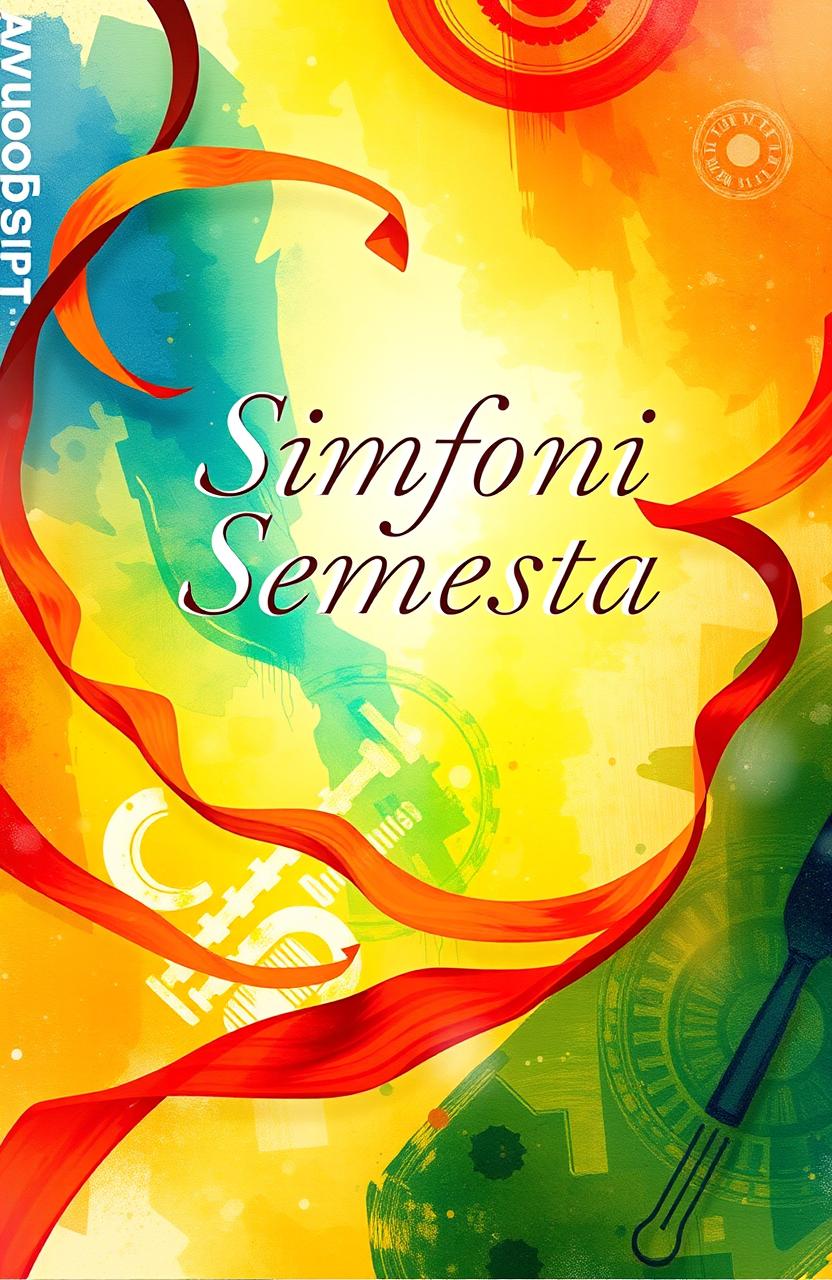 An artistic representation of the cover for an anthology titled 'Simfoni Semesta', featuring a vibrant, abstract background that symbolizes the freedom of life