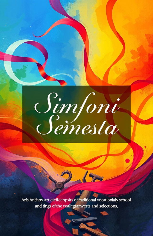 An artistic representation of the cover for an anthology titled 'Simfoni Semesta', featuring a vibrant, abstract background that symbolizes the freedom of life