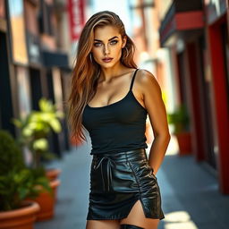 A lovely young woman with cute blue eyes, radiating confidence as she wears a trendy braless tank top that complements her outfit perfectly