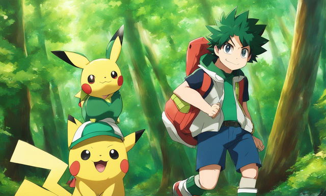 Midoriya Izuku from My Hero Academia as a Pokemon trainer in Viridian Forest with Pikachu.