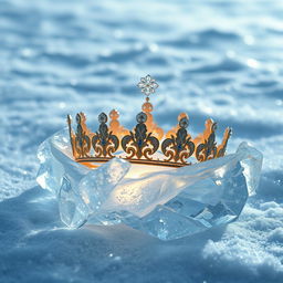 An elegant scene featuring a delicate épée and a royal crown intricately entwined within shimmering ice