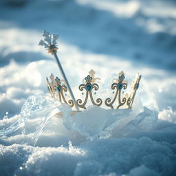 An elegant scene featuring a delicate épée and a royal crown intricately entwined within shimmering ice