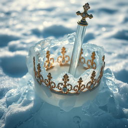 An elegant scene featuring a delicate épée and a royal crown intricately entwined within shimmering ice