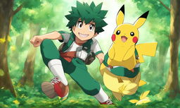 Midoriya Izuku from My Hero Academia as a Pokemon trainer in Viridian Forest with Pikachu.