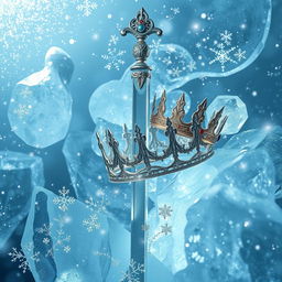 A fantastical scene featuring an ornate épée and a magical crown intricately intertwined within sparkling ice