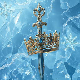 A fantastical scene featuring an ornate épée and a magical crown intricately intertwined within sparkling ice