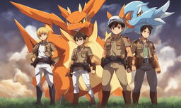 Eren Yeager from Attack on Titan in Pokemon style, standing tall in his Scout Regiment uniform with Charizard, Machamp, and Alakazam in the background