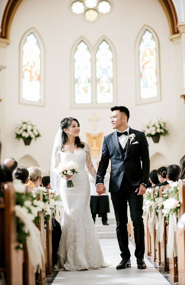 A beautiful church wedding scene featuring a stylish couple, Lucky Setiawan and Anis Herawati, standing hand-in-hand at the altar