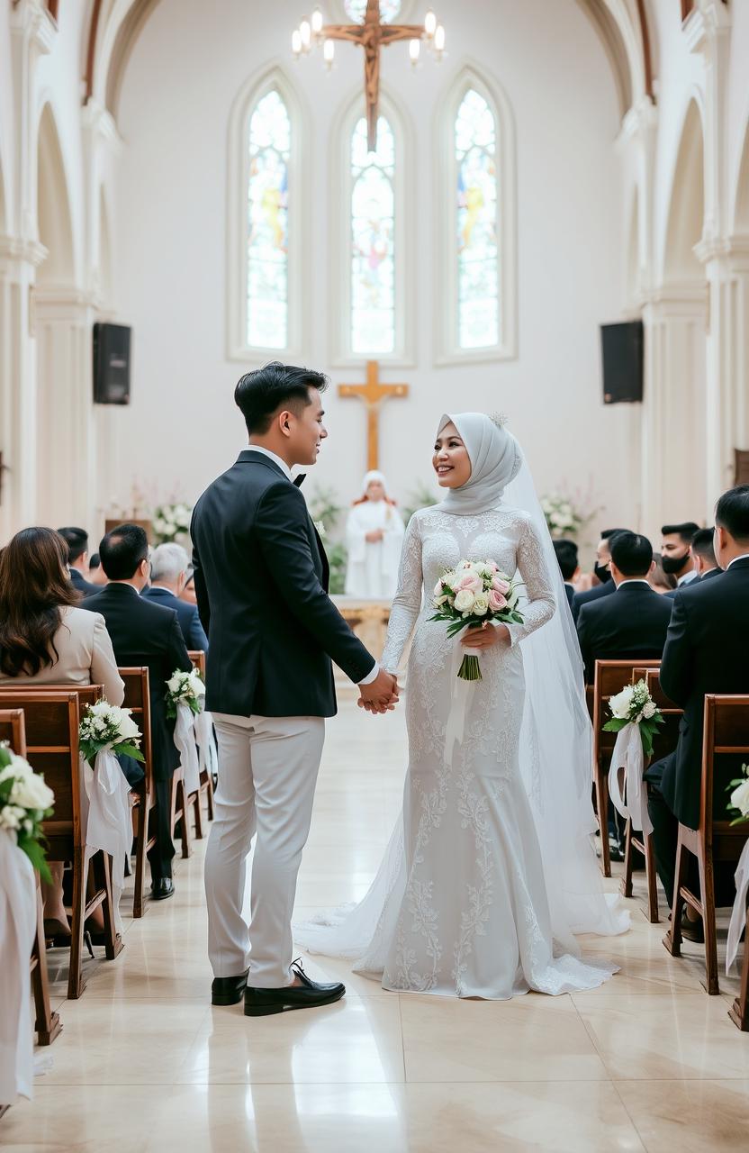 A beautiful church wedding scene featuring a stylish couple, Lucky Setiawan and Anis Herawati, standing hand-in-hand at the altar