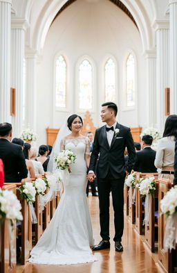 A beautiful church wedding scene featuring a stylish couple, Lucky Setiawan and Anis Herawati, standing hand-in-hand at the altar