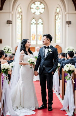 A beautiful church wedding scene featuring a stylish couple, Lucky Setiawan and Anis Herawati, standing hand-in-hand at the altar