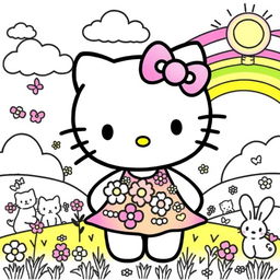 A whimsical Hello Kitty coloring page featuring a cute, cartoon-style depiction of Hello Kitty surrounded by playful elements