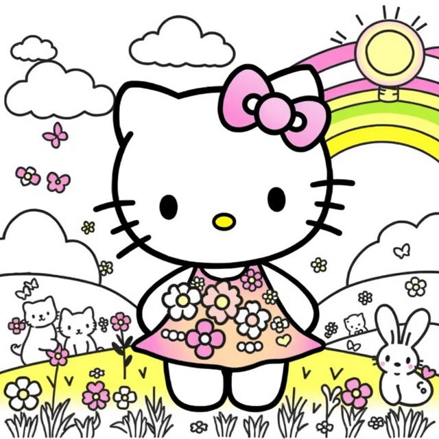 A whimsical Hello Kitty coloring page featuring a cute, cartoon-style depiction of Hello Kitty surrounded by playful elements