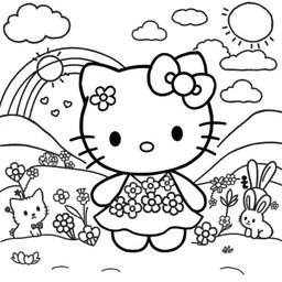 A whimsical Hello Kitty coloring page featuring a cute, cartoon-style depiction of Hello Kitty surrounded by playful elements
