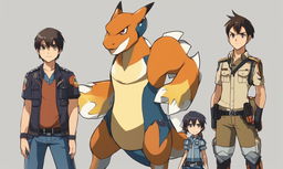 Eren Yeager from Attack on Titan in Pokemon style, standing tall in his Scout Regiment uniform with Charizard, Machamp, and Alakazam in the background