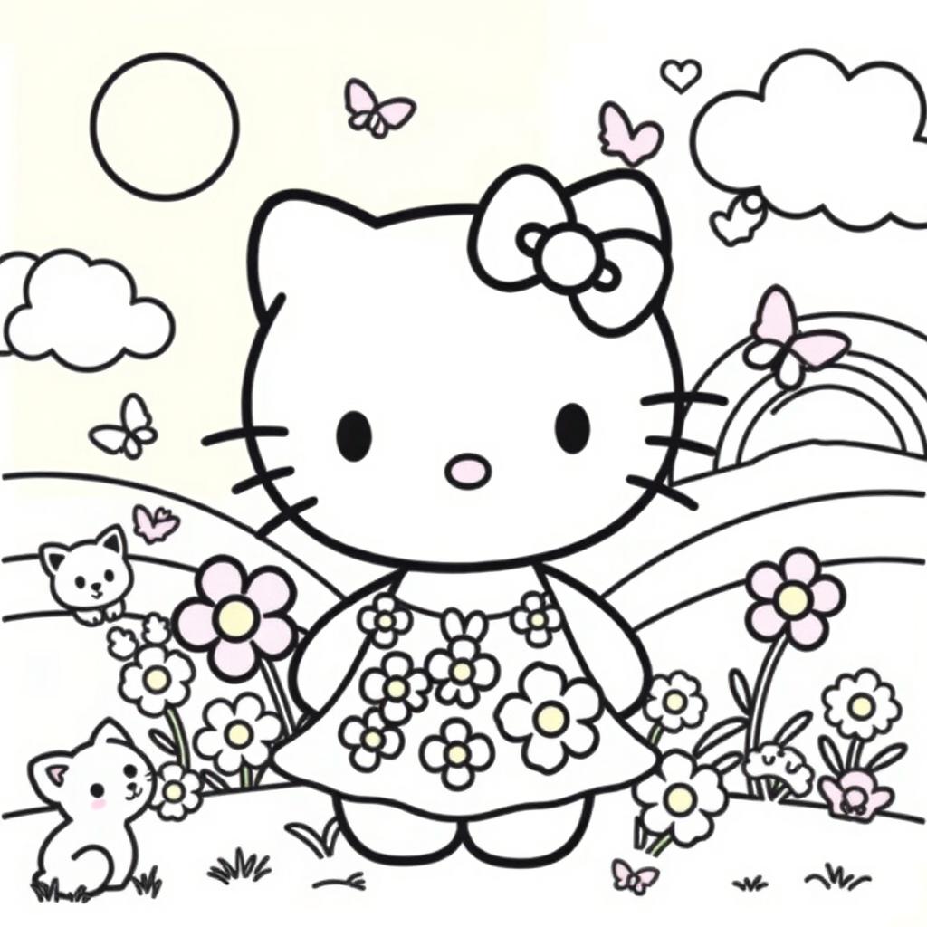 A whimsical Hello Kitty coloring page featuring a cute, cartoon-style depiction of Hello Kitty surrounded by playful elements