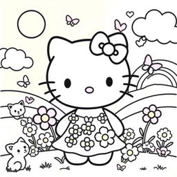 A whimsical Hello Kitty coloring page featuring a cute, cartoon-style depiction of Hello Kitty surrounded by playful elements