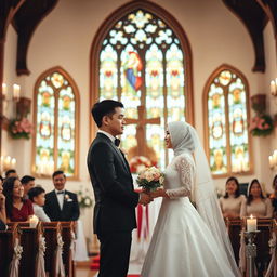 A beautiful church wedding scene featuring a romantic ceremony between Lucky Setiawan and Anis Herawati