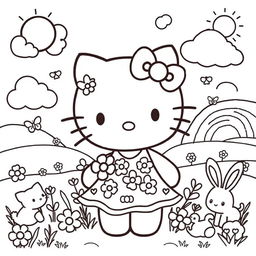 A whimsical Hello Kitty coloring page featuring a cute, cartoon-style depiction of Hello Kitty surrounded by playful elements