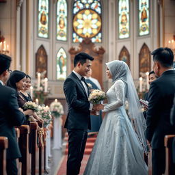 A beautiful church wedding scene featuring a romantic ceremony between Lucky Setiawan and Anis Herawati