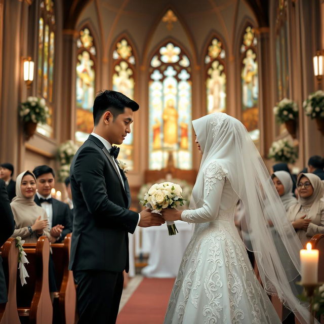 A beautiful church wedding scene featuring a romantic ceremony between Lucky Setiawan and Anis Herawati