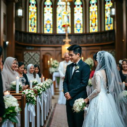 A beautiful church wedding scene featuring a romantic ceremony between Lucky Setiawan and Anis Herawati