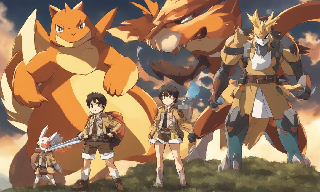 Eren Yeager from Attack on Titan in Pokemon style, standing tall in his Scout Regiment uniform with Charizard, Machamp, and Alakazam in the background