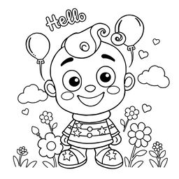 A whimsical coloring page featuring a playful character named Hello Boby, designed for children to enjoy