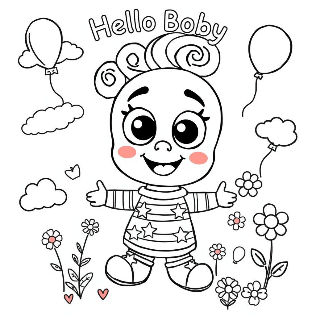 A whimsical coloring page featuring a playful character named Hello Boby, designed for children to enjoy