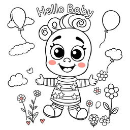 A whimsical coloring page featuring a playful character named Hello Boby, designed for children to enjoy