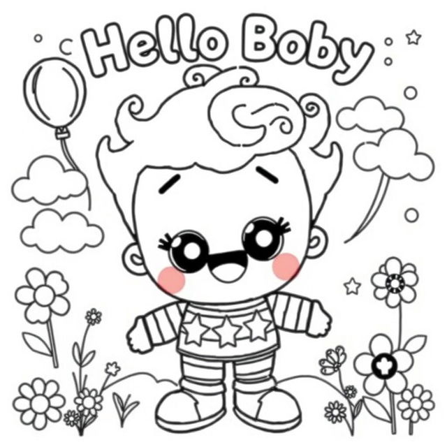 A whimsical coloring page featuring a playful character named Hello Boby, designed for children to enjoy