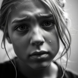 A close-up portrait of a brave teen girl with tears streaming down her face, capturing her emotional depth and resilience