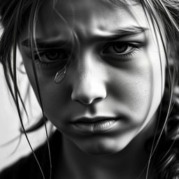 A close-up portrait of a brave teen girl with tears streaming down her face, capturing her emotional depth and resilience