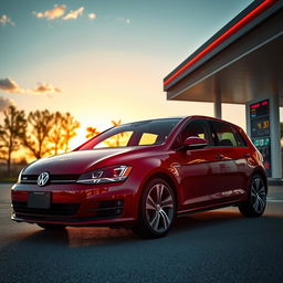 A sleek Volkswagen Golf parked at a gas station, the sun setting in the background, casting a warm glow on the car's shiny exterior