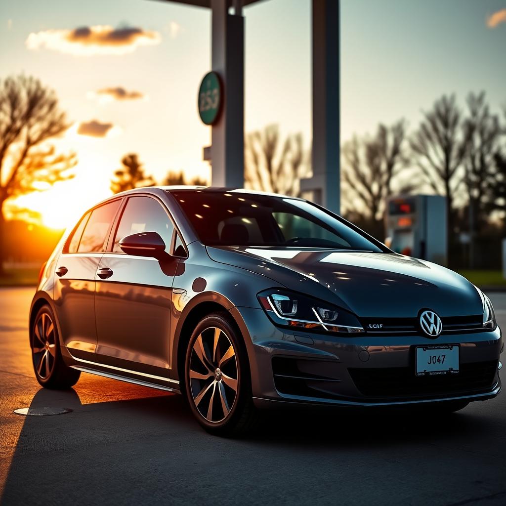 A sleek Volkswagen Golf parked at a gas station, the sun setting in the background, casting a warm glow on the car's shiny exterior