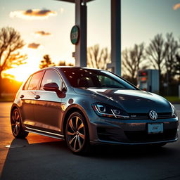 A sleek Volkswagen Golf parked at a gas station, the sun setting in the background, casting a warm glow on the car's shiny exterior