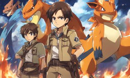 Eren Yeager from Attack on Titan in Pokemon style, standing tall in his Scout Regiment uniform with Charizard, Machamp, and Alakazam in the background