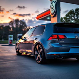 A sleek Volkswagen Golf parked at a gas station, the sun setting in the background, casting a warm glow on the car's shiny exterior