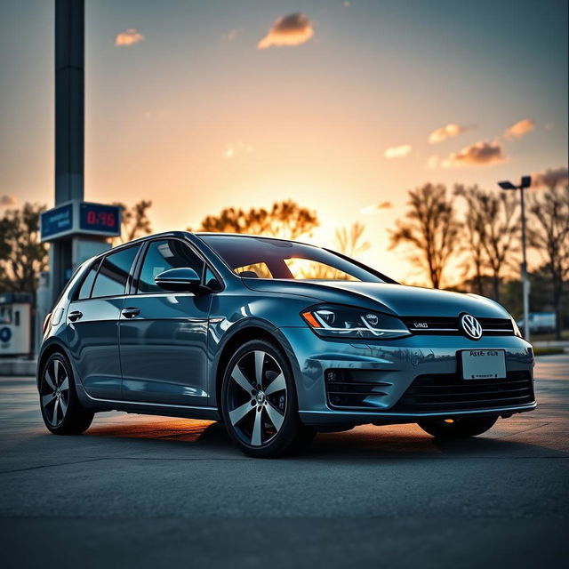 A sleek Volkswagen Golf parked at a gas station, the sun setting in the background, casting a warm glow on the car's shiny exterior