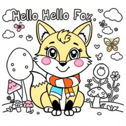 A whimsical coloring page featuring a playful character named Hello Fox, designed for children to enjoy