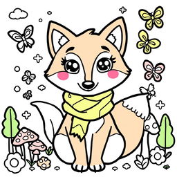 A whimsical coloring page featuring a playful character named Hello Fox, designed for children to enjoy