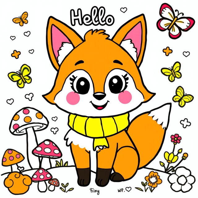 A whimsical coloring page featuring a playful character named Hello Fox, designed for children to enjoy