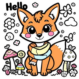 A whimsical coloring page featuring a playful character named Hello Fox, designed for children to enjoy